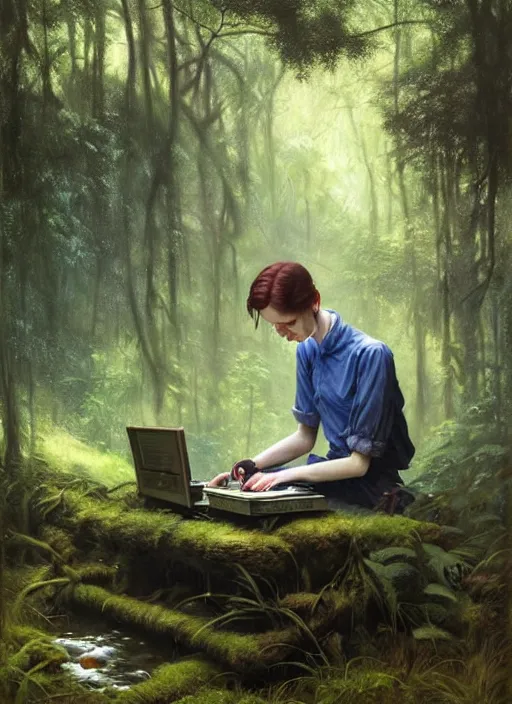 Image similar to computer in the woods by a stream, river gorgeous lighting, lush forest foliage blue sky a hyper realistic painting by chiara bautista and beksinski and norman rockwell and greg rutkowski, tom bagshaw weta studio, and lucasfilm