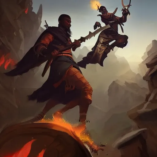 Prompt: a blackman rogue with a kukri fighting a french gentleman with a rapier, epic fantasy digital art, fantasy style art, by Greg Rutkowski, fantasy hearthstone card art style