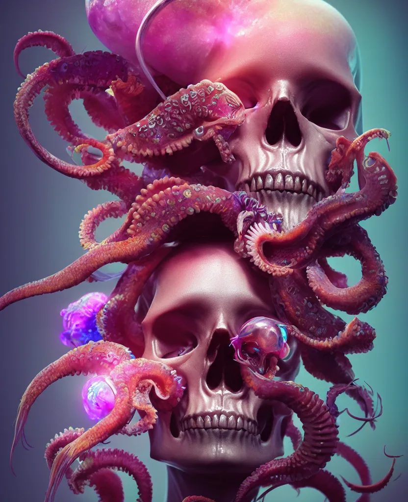 Image similar to goddess close - up portrait human skull, ram skull, squid phoenix jellyfish, orchid, betta fish, bioluminiscent, intricate artwork by tooth wu and wlop and beeple. octane render, trending on artstation, greg rutkowski very coherent symmetrical artwork. cinematic, hyper realism, high detail, octane render, 8 k