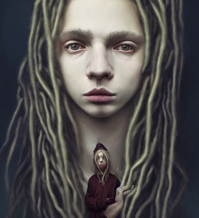 Image similar to portrait of shy teenage fantasy witch, grzegorz rutkowski, symmetry, deep dark forest, dramatic lighting, moody, directional lighting, awkward, intelligent, contemplative, gorgeous dreadlocks in hair, volumetric lighting, symmetrical face, pale girl, nervous, art by alasdair gray, brown hair, hazel eyes, trending on artstation