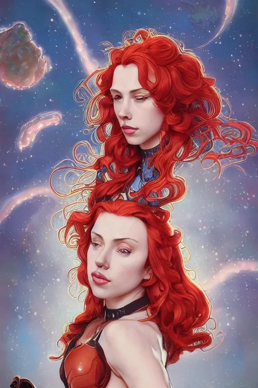 Image similar to celestial scarlett johansson anthropomorphic irish setter, by artgerm and yoshitaka amano and moebius and alphonse mucha, hyperdetailed, dc comics, ornate, nebula, explosions in the sky, trending on artstation