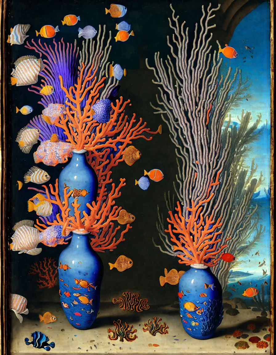 Prompt: bottle vase of coral under the sea decorated with a dense field of stylized scrolls that have opaque outlines enclosing mottled blue washes, with purple shells and blue fishes, ambrosius bosschaert the elder, oil on canvas, around the edges there are no objects