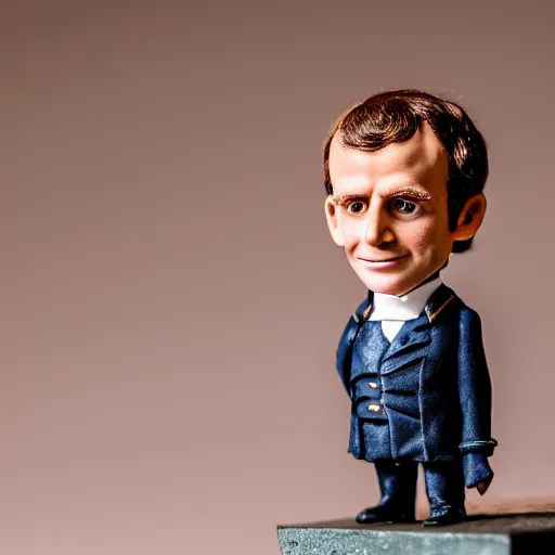 Image similar to closeup portrait of a tiny emmanuel macron dressed as napoleon standing on a desk, macro photo, bokeh, natural light, sharp, detailed face, magazine, press, steve mccurry, david lazar, canon, nikon, focus