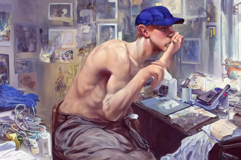 Prompt: a computer graphics artist man with blonde hair, blue eyes, a ballcap in a messy room at the computer animating, ultra realistic, concept art, intricate details, serious, highly detailed, photorealistic, octane render, 8 k, unreal engine. art by artgerm and greg rutk owski and alphonse mucha