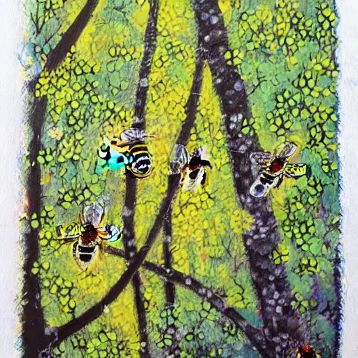 Image similar to bees flying in the woods, acrylic by yelena york