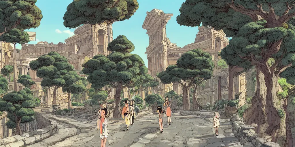 Image similar to studio Ghibli style background animatuon manga matte painting of Rome. Roads. Monuments. 4k quality. Sunny day. Bloom