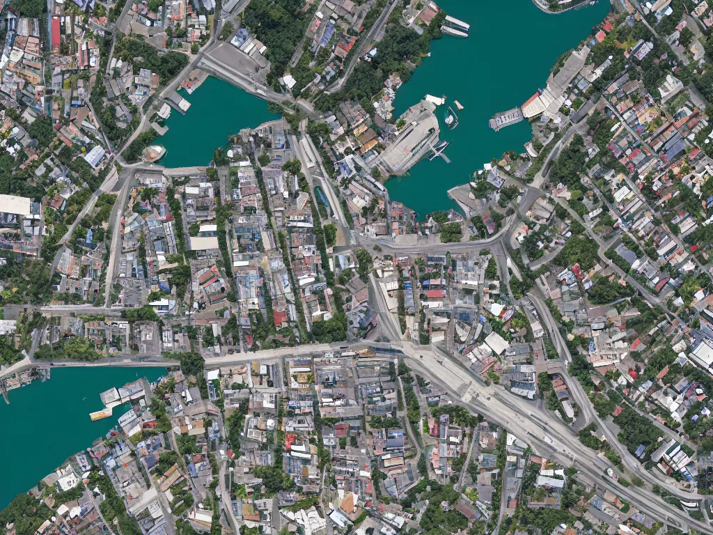 Image similar to satellite imagery of a small city with shops, shipping dock, and beach to the south. a bridge crosses a big lake, with a town hall, marketplace, and towers to the north. there is a field in the middle of the city. small hills and woods north of the city