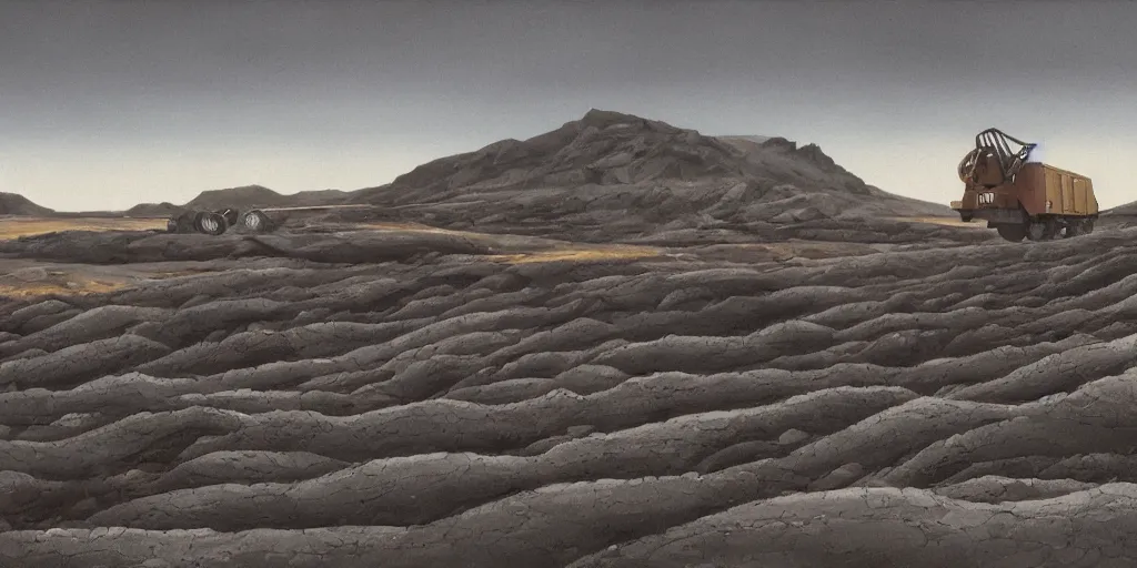 Image similar to barren icelandic landscape, dark gravel, huge abandoned mining equipment, style of ralph mcquarrie