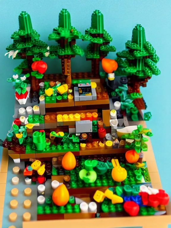 Prompt: miniature isometric pixel lego diorama of fruit forest