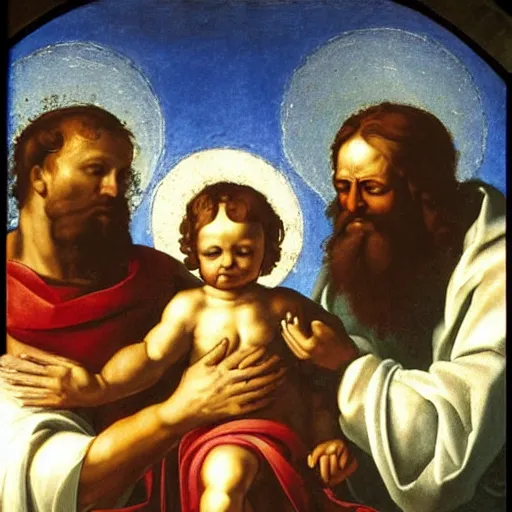 Image similar to mary, saint joseph and jesus by michaelangelo