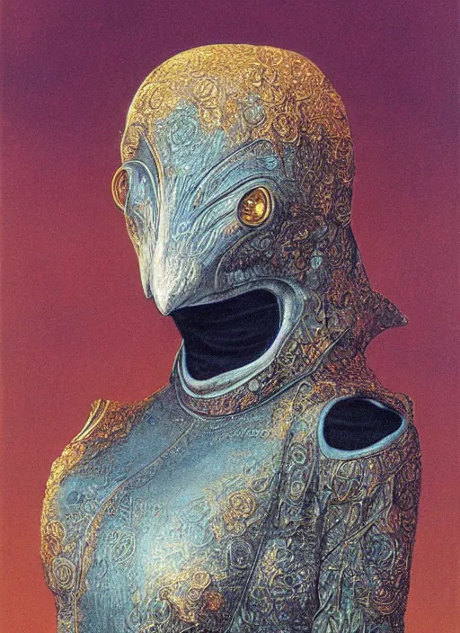 Image similar to young female in detailed golden mask of raven by Wayne Barlowe