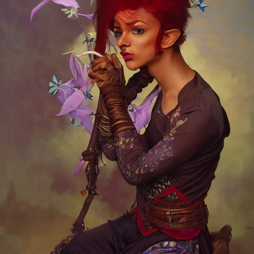 Prompt: a beautiful and androgynous half - elf with dark skin tone and messy short red hair dressed in a colorful jodhpuri suit, dnd character, golden aura, realistic portrait by ross tran and gerald brom and kehinde wiley and fernando amorsolo and alphonse mucha, trending on artstation