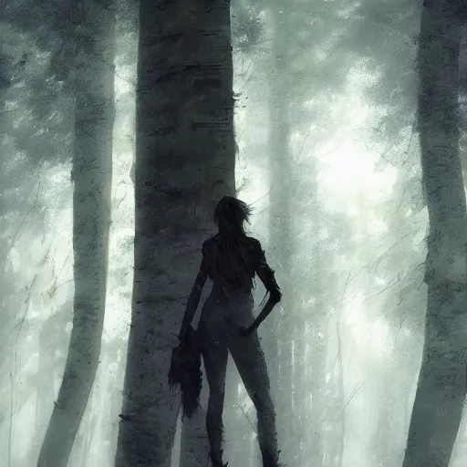 Prompt: a tall figure standing in the aspen forest, dramatic lighting, illustration by Greg rutkowski, yoji shinkawa, 4k, digital art, concept art, trending on artstation
