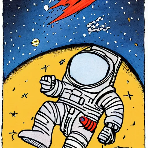 Image similar to bill watterson illustration of an astronaut drifting in space staring at the earth