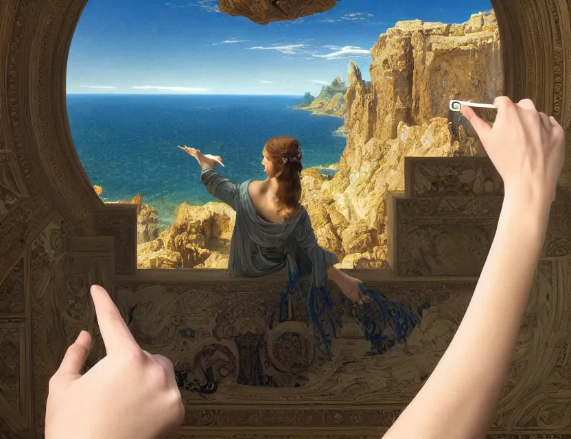 Image similar to a detailed portrait painting of a first-person view within a floating 3D VR hand interface (iOS hologram UI controls) by Jony Ive, Moebius, Roger Dean, Lawrence Alma-Tadema, John Martin, and tuomas korpi intricate artwork by caravaggio and James Turrell,. Oil painting. Trending on artstation. 8k