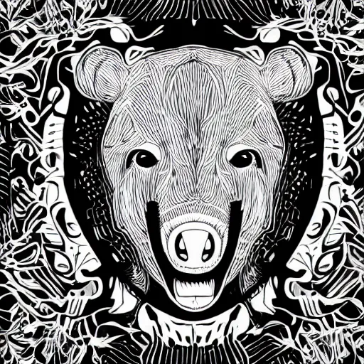 Image similar to black and white illustration creative design, scary bear, body horror