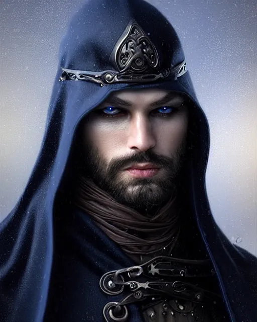 Prompt: ultrarealistic male mage face portrait fighting, long black hair blue eyes wearing leather mantle gothic navy cloak with leather details, cliffside town, fantasy character portrait, realistic render, extreme intricate details, elegant, cinematic lighting, highly detailed, artstation, dnd art, cgsociety, sharp focus, beautiful digital painting by artgerm, gerald brom, wlop, alphonse mucha