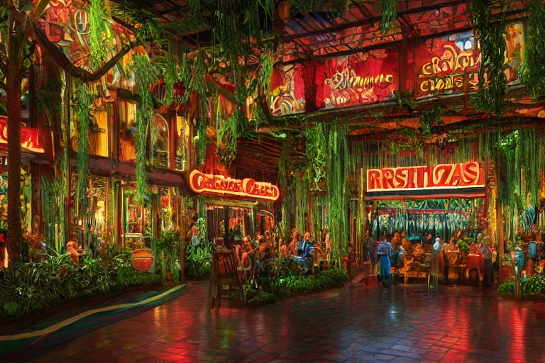 Prompt: photorealistic painting of a Rainforest Cafe by William Holman Hunt and Francesco Hayez, BladeRunner, dark, rainy, neon sign, octane render, 8k, award-winning, highly detailed, trending on arstation