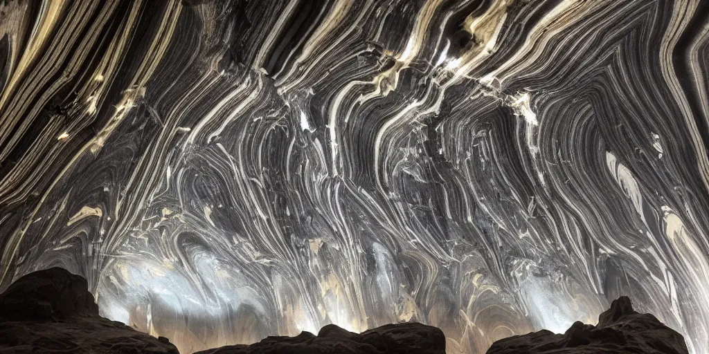 Image similar to a dark cave large and cavernous with some organic cave lights on the ceiling and marbling light streaks