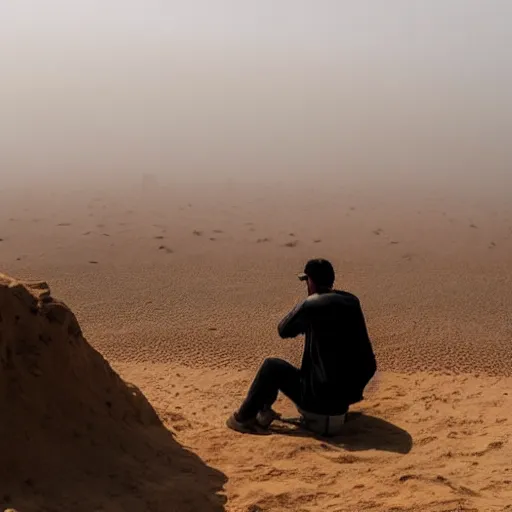 Prompt: man sitting on top peak mountain looking at huge vast sandstorm dust tornado desert