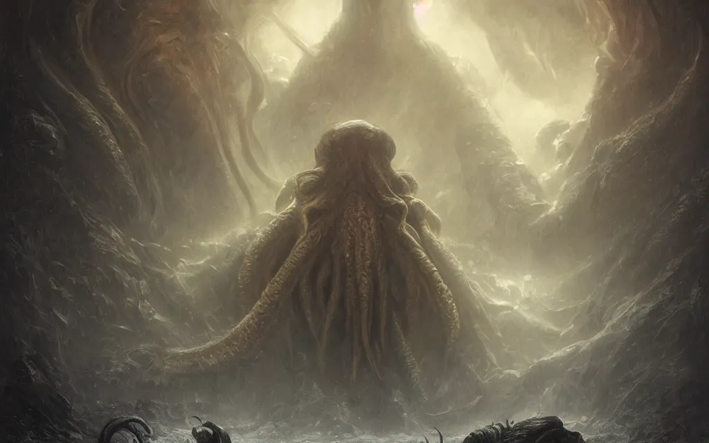 Image similar to human looking at big monstrosity portrait of cthulhu, hyperdetailed, artstation, cgsociety, by greg rutkowski, by gustave dore