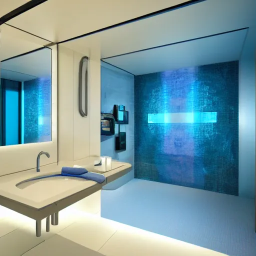 Prompt: Big futuristic blue bathroom inside a spaceship startrek interior style. With a swimming pool.