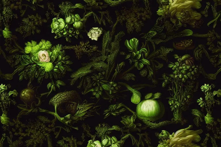 Prompt: realistic dark nature wallpaper image, in the style of rachel ruysch, black and green colors