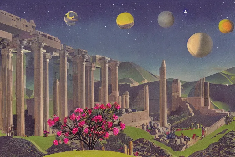 Image similar to night, stars, mecha robot, hanging gardens of babylon, temple of artemis at ephesus, waterfalls, blooming hills with spring flowers and pillars by helen lundeberg