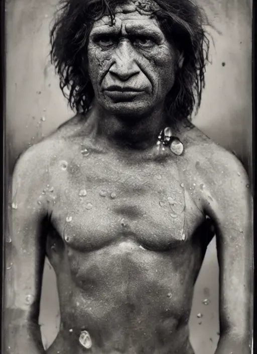 Image similar to portrait of a neanderthaler, hyperrealism, photo realistic, detailed, award winning photograph, cinematic lighting, ambrotype wet plate collodion by richard avedon and shane balkowitsch