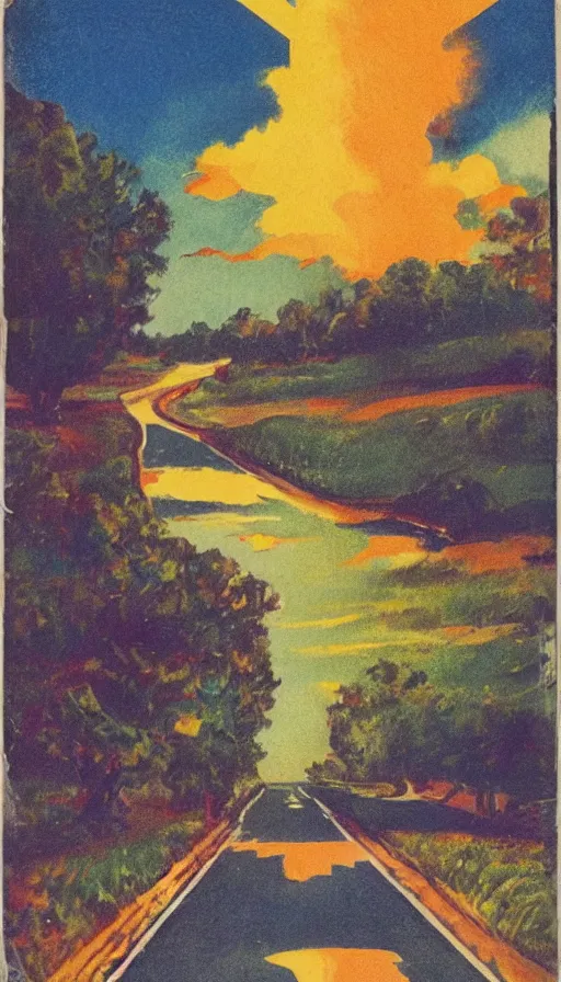 Image similar to paperback book cover. 1 9 5 0 s. pure colors, melting clouds, accurately drawn details, a sunburst above a receding road with the light reflected in furrows and ruts, after rain. and no girls.