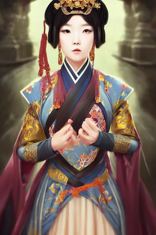 Image similar to a lovely and shiny young empress of qing dynasty, face by artgerm, ross tran, fuji choko, loish, 8 k resolution, attractive, symmetrical portrait, beautifully detailed landscape of ruin, trending on pixiv and pinterest, charming black eyes, luxury, perfect face, smooth, dreamlike