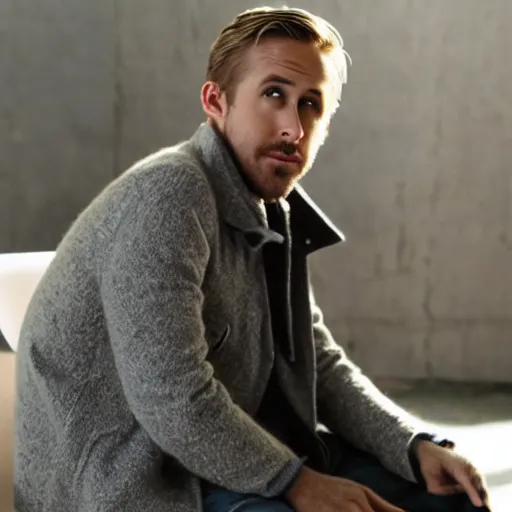 Prompt: ryan gosling in a white jacket is sitting on a chair, but it is knitted from yarn, preservation of lethality, proportions, quality, realism, focus in the foreground,