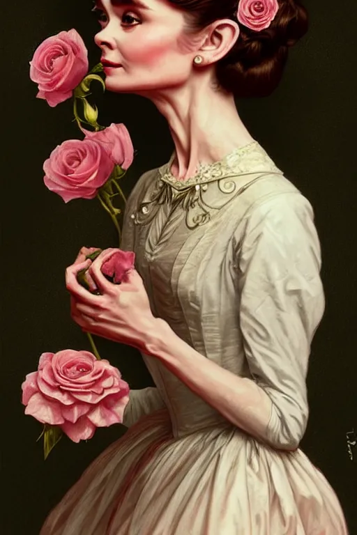 Image similar to audrey hepburn dressed in a victorian roses dress fashion, D&D, fantasy, intricate, elegant, highly detailed, digital painting, artstation, concept art, matte, sharp focus, illustration, art by Artgerm and Greg Rutkowski and meredit frampton and Alphonse Mucha