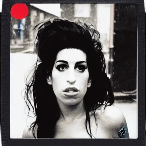 Prompt: a polaroid of amy winehouse in the east village at night, raining!