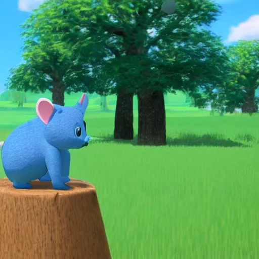 Image similar to a small blue animal sitting on top of a lush green field, a screenshot by ken sugimori, tumblr, toyism, ps 1 graphics, physically based rendering