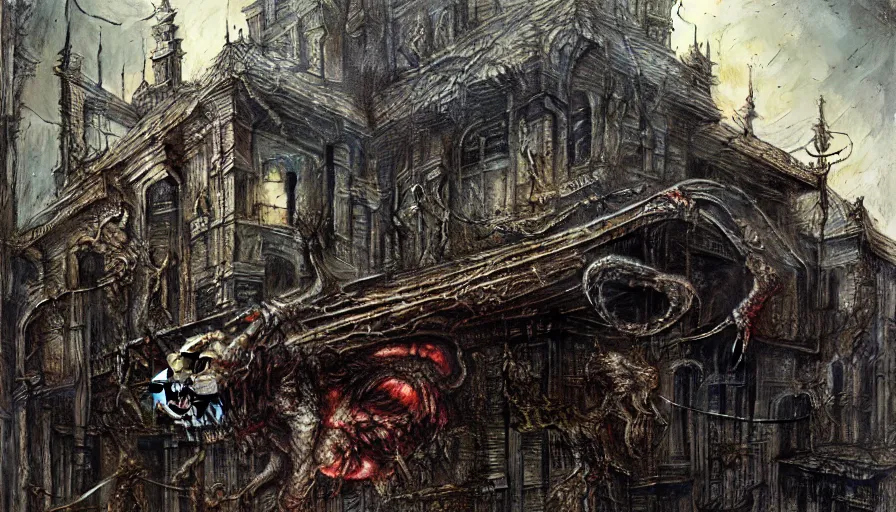 Image similar to cat walking on the roof, rotting, blood, night, death, fear, horror, religion, hyperrealism, detailed and intricate environment, by giger, by greg rutkowski