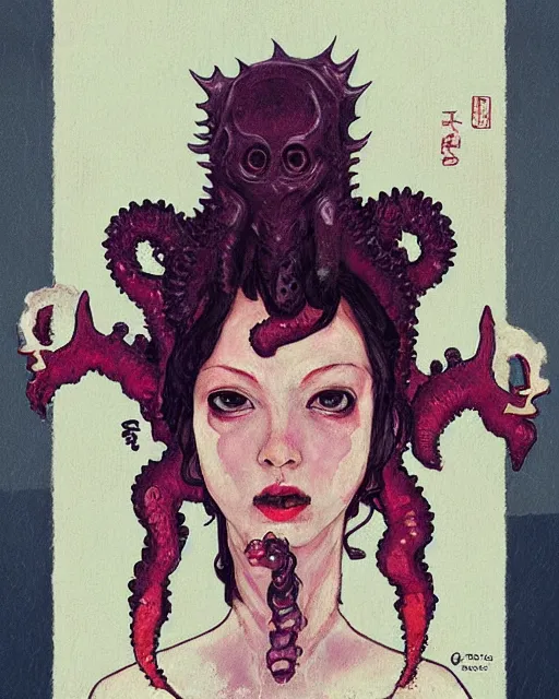 Image similar to portrait of kawaii cthulhu by greg rutkowski in the style of egon schiele