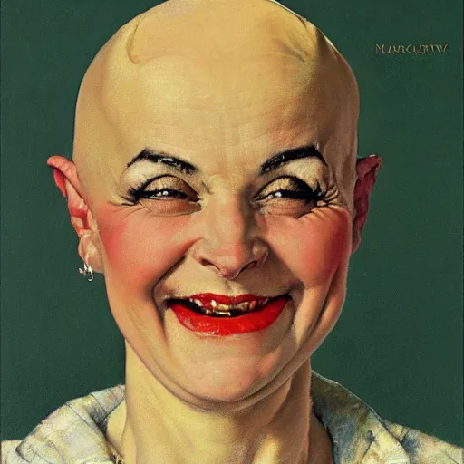 Image similar to Frontal portrait of a happy bald woman with horns. Painting by Norman Rockwell.