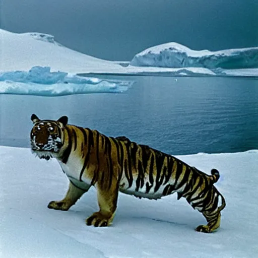 Image similar to A shark tiger hybrid in the Arctic snow. A creature that is half tiger half shark. National Geographic photograph