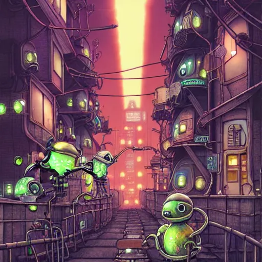 Image similar to fantasycore street view of futuristic machinarium tokyo at night by michael whelan and naomi okubo and dan mumford. cute ver.ka mecha machinarium robots. cel-shaded. glossy painting.
