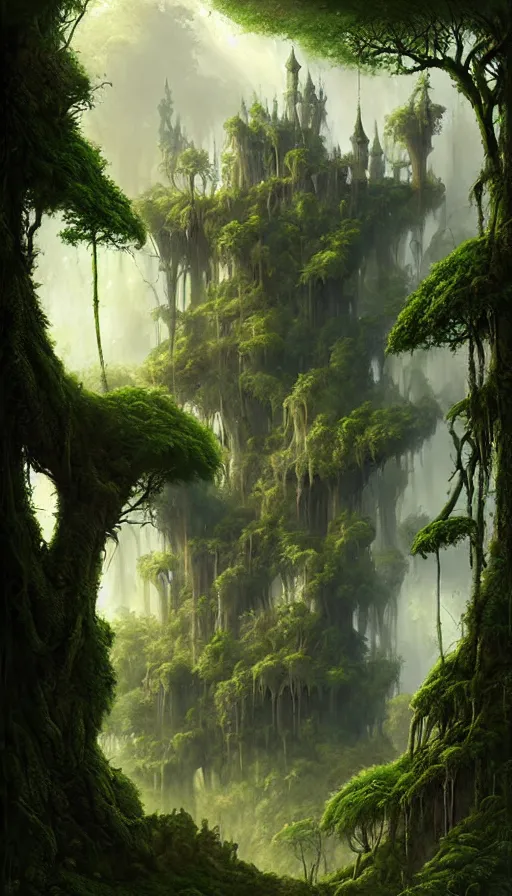 Image similar to fairy palace, castle towers, gnarly trees, lush vegetation, forest landscape, painted by tom bagshaw, raphael lacoste, eddie mendoza, alex ross concept art matte painting