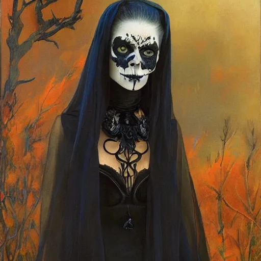 Image similar to ginger woman with skull facepaint and golden eyes, gothic, alphonse much and gerald brom