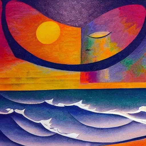 Image similar to two Women in the moonlight dancing by the ocean while the waves crash on the seashore, high quality art in the style of cubism and geogia o keefe