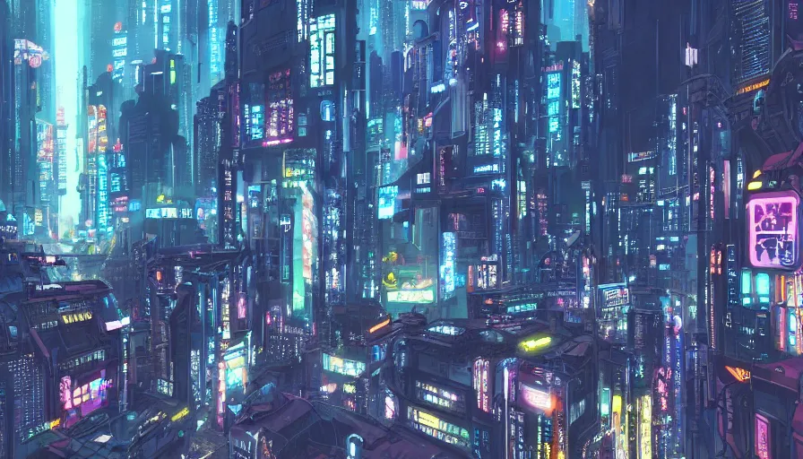 Prompt: A beautiful picture of an establishing shot of a cyberpunk neo tokyo cityscape by Sergey Vasnev and square pictures , trending on artstation