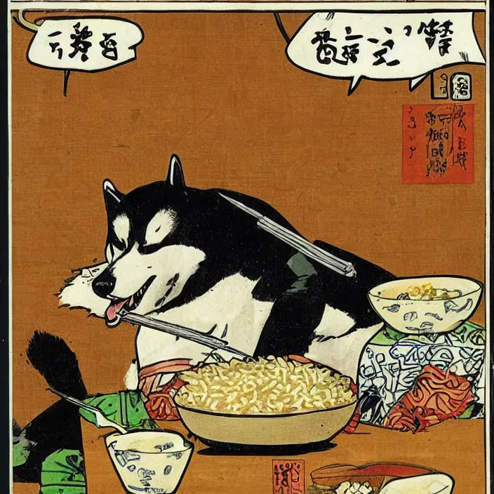 Image similar to comic book artwork of a shiba inu samurai eating a bowl of rice
