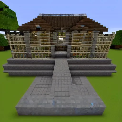 Image similar to Minecraft mansion, four stories, lit with glowstone, lots of windows