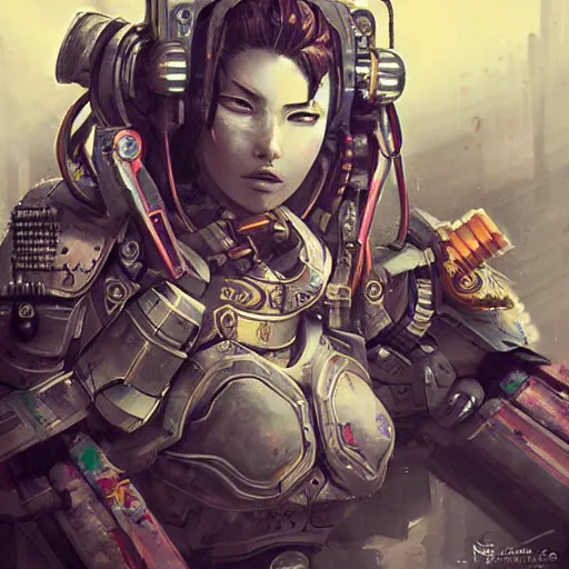 Image similar to female samurai cyborg, mech, cyberpunk, intricate details, highly detailed, concept art. Art by Nivanh Chanthara