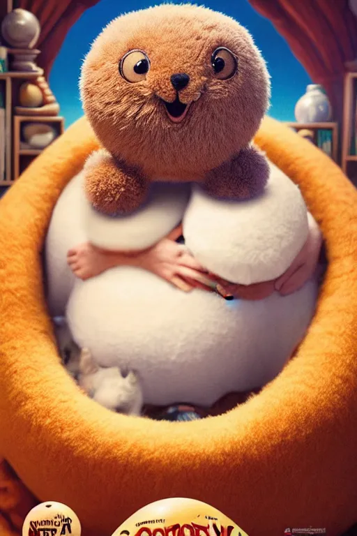 Image similar to round antropomorphic acorn plush toy and his cat friend in a giant bed adventure movie, cerebri movie poster, by nuri iyem, james gurney, james jean, greg rutkowski, anato finnstark. pixar. hyper detailed, 5 0 mm, award winning photography, perfect faces