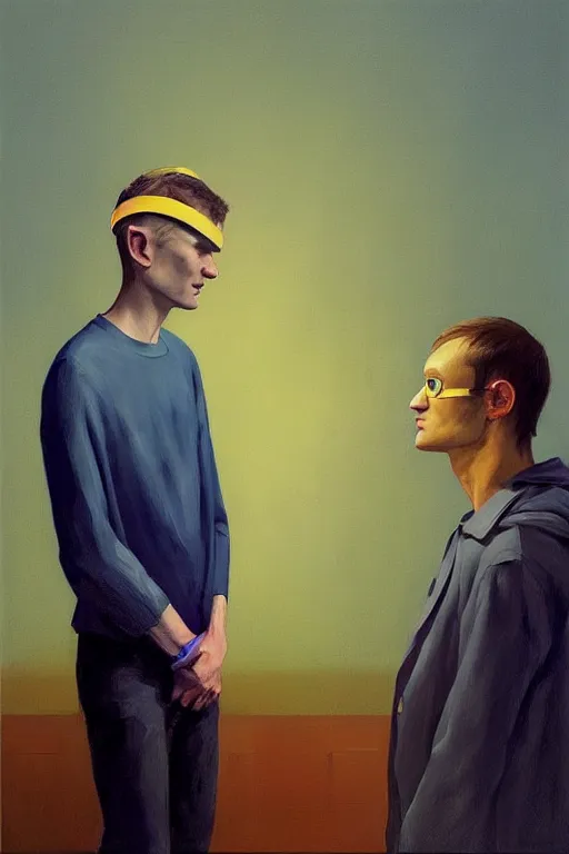 Image similar to Vitalik Buterin wearing oculus and Ethereum over his head Edward Hopper and James Gilleard, Zdzislaw Beksisnski, highly detailed