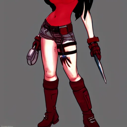 Prompt: full body shot of tifa lockhart with black hair, red eyes, concept art trending on artstation